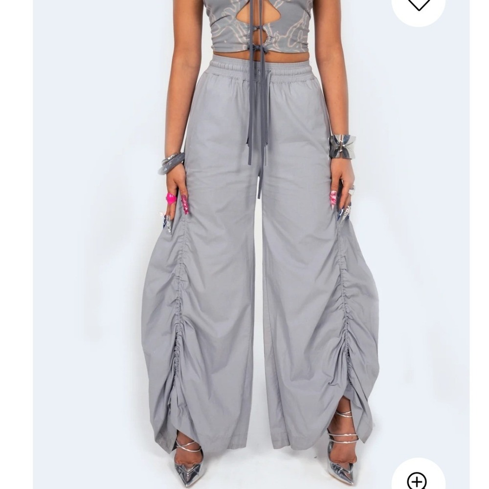 IMI Studios Womens Ruched Parachute Balloon Pants Small Gray Cotton Streetwear